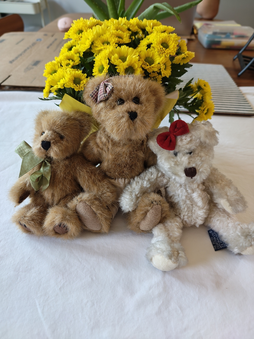 Set of Three Decorative Plush Bears in Brown, Tan, and Cream
